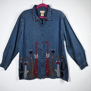Bobbie Brooks Denim‎ Button Up Shirt Woman XL Cat Applique Embellished Collar